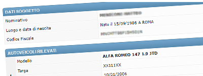 Esempio di Visura autoveicoli per nominativo