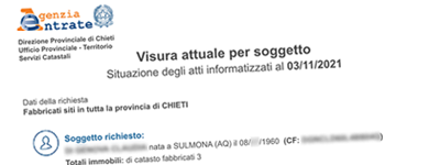 Esempio Visura Dati Catastali su nominativo